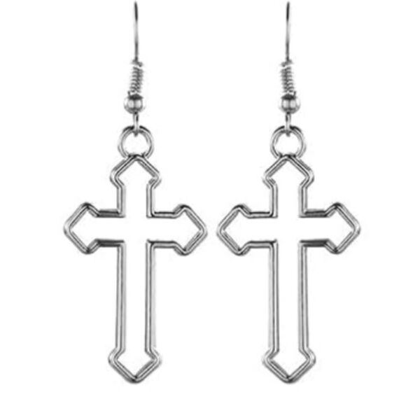 NEW Cross Crucifix fish hook Silver Metal Dangling Earrings - Picture 2 of 4